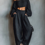 Tatiana | Conjunto de hombros descubiertos y pantalón de pierna ancha, negro