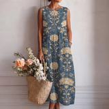 Aureliana | Vestido de flores doradas sobre índigo