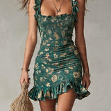 Vestido mini estampado verde bohemio con volantes