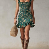 Vestido mini estampado verde bohemio con volantes
