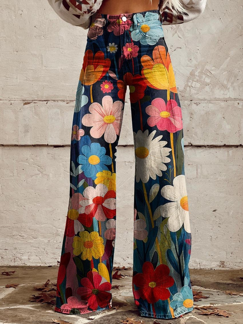 Lenia | Pantalón ancho estampado de flores grandes sobre azul