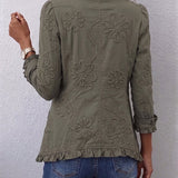 Alejandrina | Chaqueta bohemia chic bordada de flores verde retro con acabados fruncidos