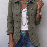 Alejandrina | Chaqueta bohemia chic bordada de flores verde retro con acabados fruncidos