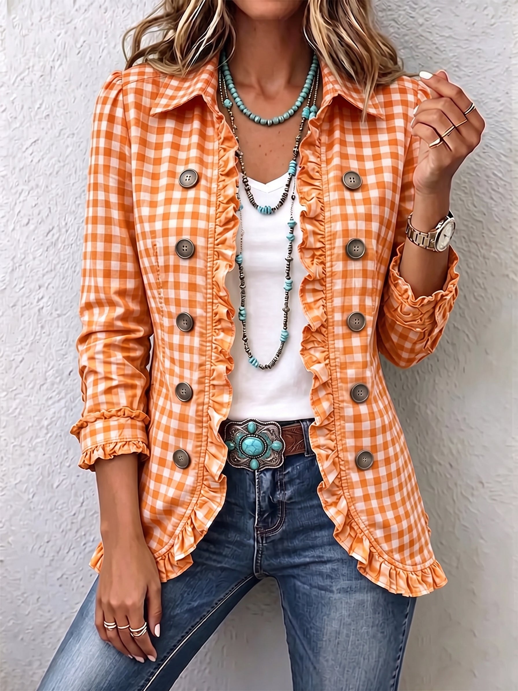 Julia | Chaqueta de cuadros vichy con volantes y botones