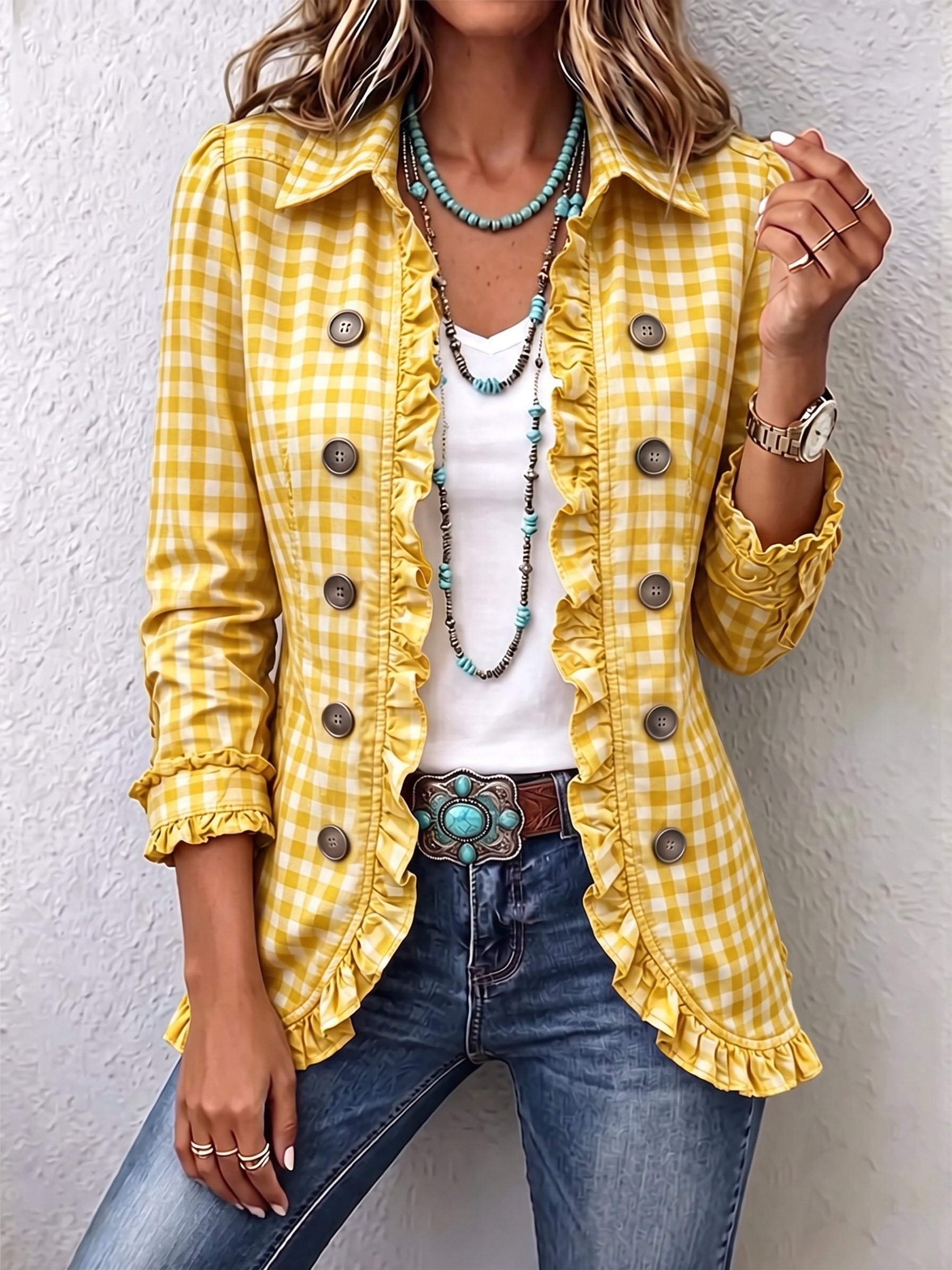 Julia | Chaqueta de cuadros vichy con volantes y botones