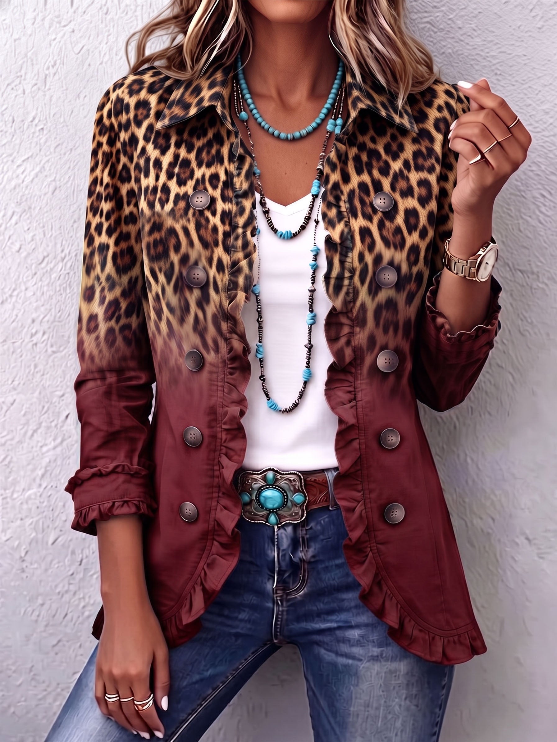 Beatriz | Blazer leopardo degradado turquesa con volantes
