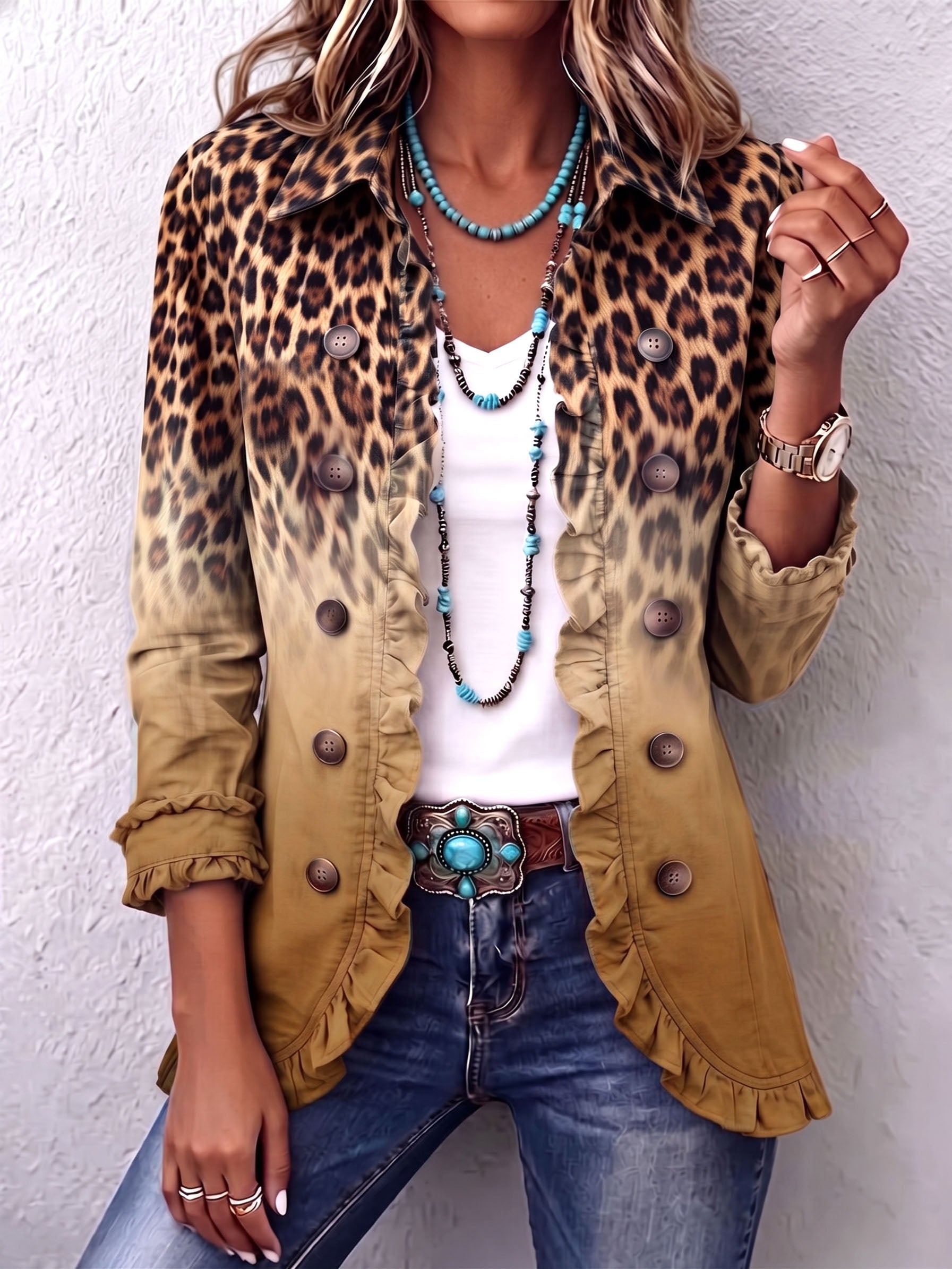 Beatriz | Blazer leopardo degradado turquesa con volantes