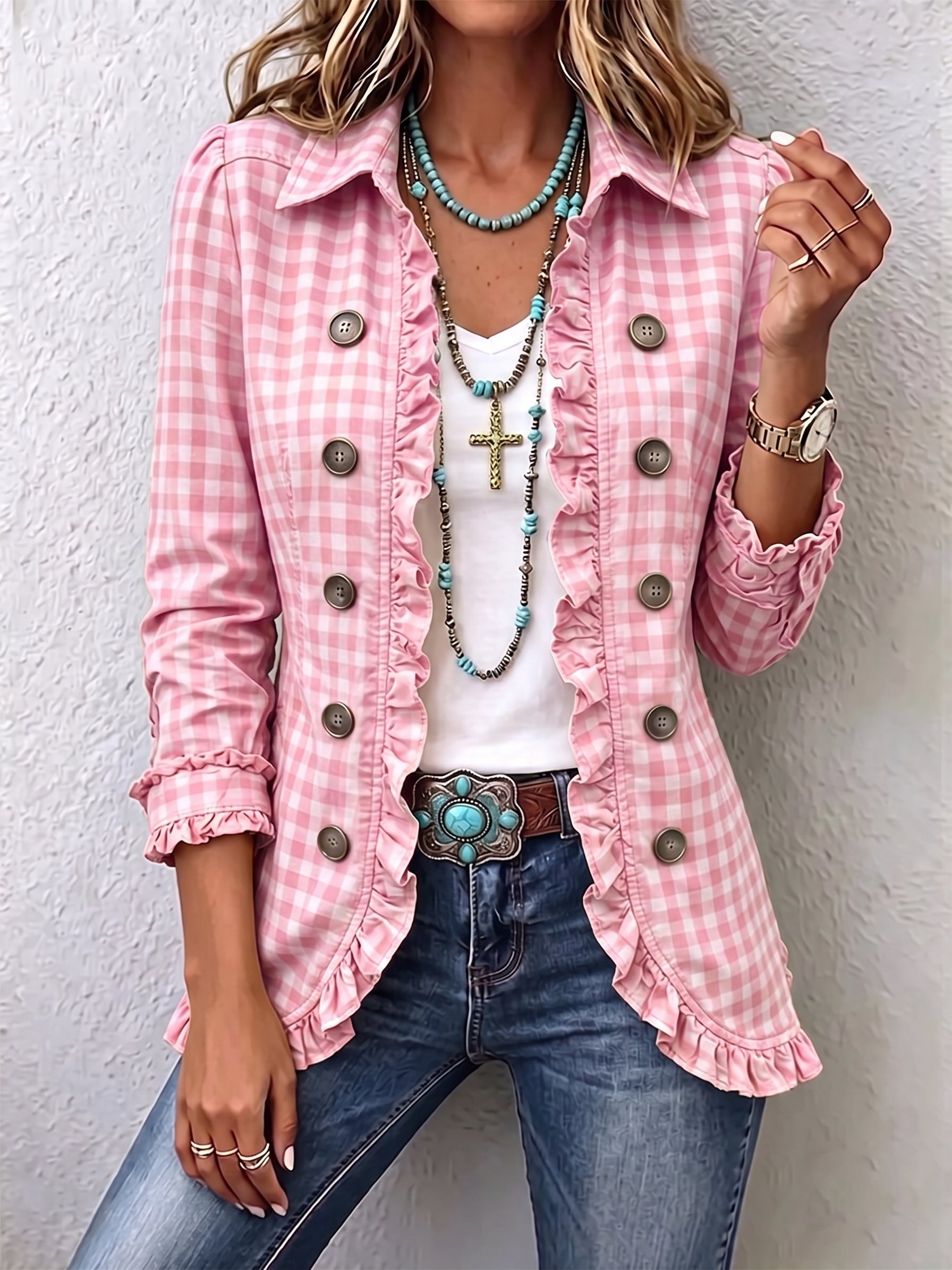 Julia | Chaqueta de cuadros vichy con volantes y botones