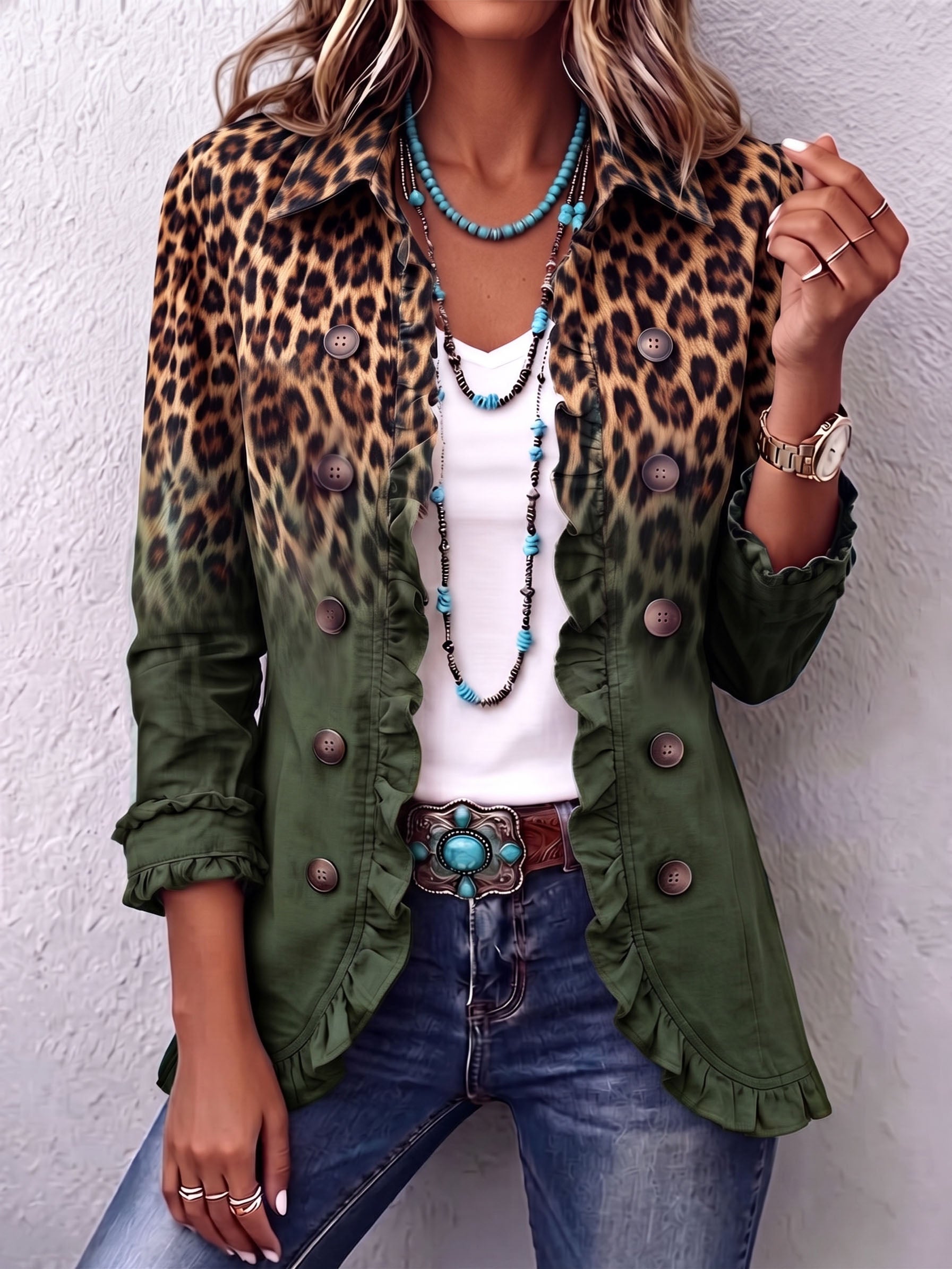 Beatriz | Blazer leopardo degradado turquesa con volantes